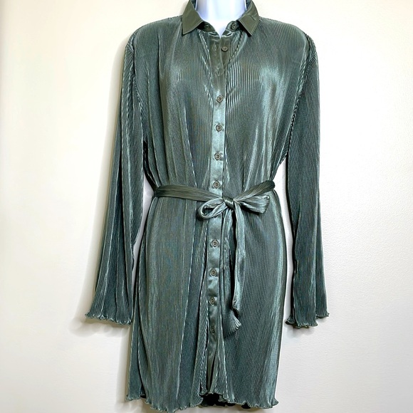Mable Olive Branch Plisse Pleated Mini Shirt Belted Shirt Dress Size Medium NWT - Picture 3 of 15